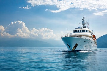 Luxury yacht cruising on calm waters under a blue sky.