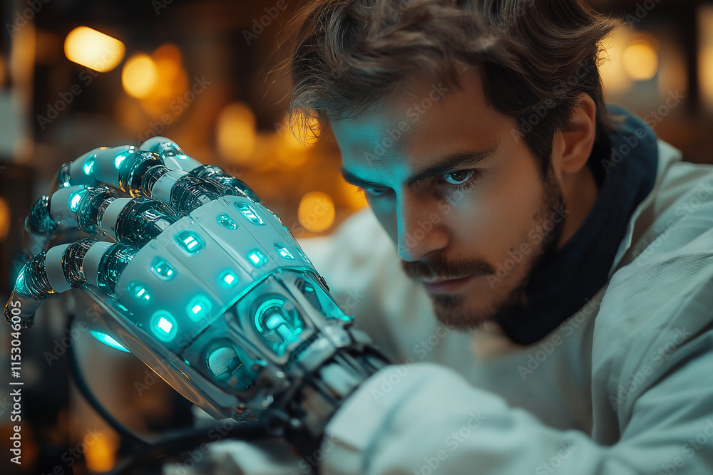Poster innovative young engineer experiments with advanced ai-powered technology in lab. generative ai