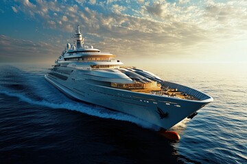 Luxury yacht cruising on the ocean at sunset.