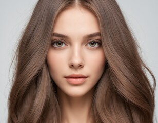 Naklejka premium Portrait of a beautiful young woman with clean, fresh skin and long, thick hair. ai generator