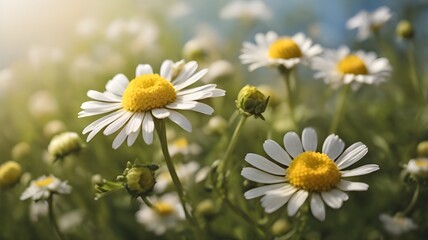 Chamomile blooms softly out of focus in a field. A refreshing springtime floral backdrop ideal for phytotherapy, alternative medicine, or artistic herbal visuals.
