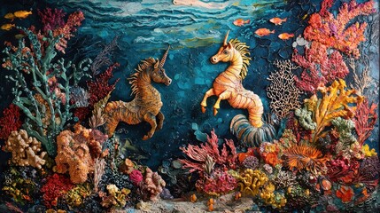 Two Unicorn Sea Horses Among Vibrant Coral Reefs
