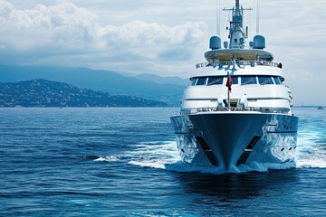 Luxury yacht cruising through calm waters.