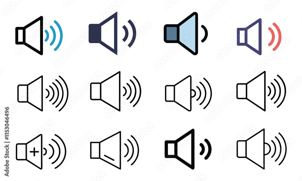 Poster speaker and sound wave icon collection, a set of twelve speaker icons with diverse sound wave design