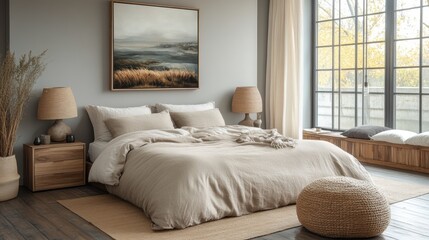 Cozy minimalist bedroom interior with natural decor and earthy tones