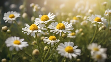 Chamomile blooms softly out of focus in a field. A refreshing springtime floral backdrop ideal for phytotherapy, alternative medicine, or artistic herbal visuals.
