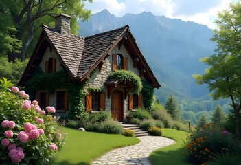 Solitary house high in the mountains, surrounded by peaks, 3d illustration
