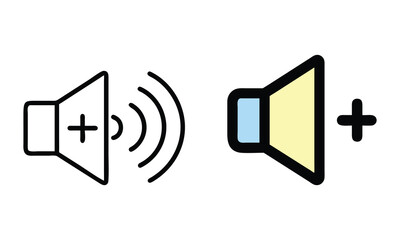 Volume Increase Speaker Icon Set, Two speaker icons, one with sound waves and another in color, symbolizing volume increase, suitable for multimedia or audio interface designs.
