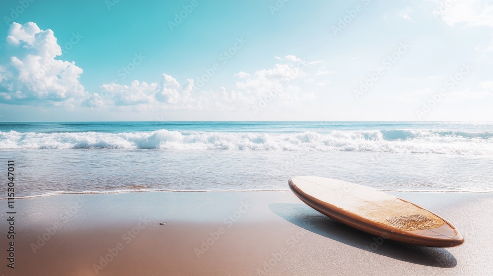 Poster a pristine surfboard setup with neatly placed wax and a clean board beside the ocean, a sunny beach 