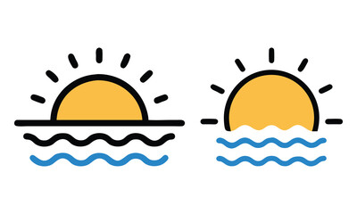 Sunrise and Sunset Vector Icon Duo, Two vector icons illustrating sunrise and sunset with sun over waves, designed in a clean and minimal style for versatile use.
