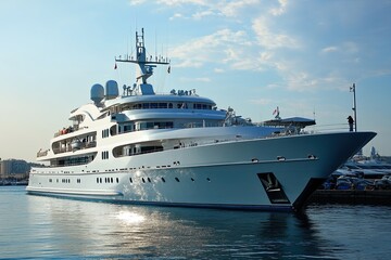 Luxury yacht docked in a harbor under a blue sky.