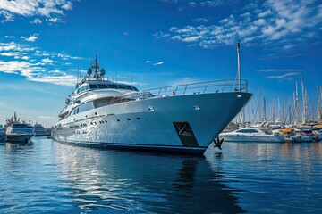 Obraz premium Luxury yacht docked in a marina under a blue sky.