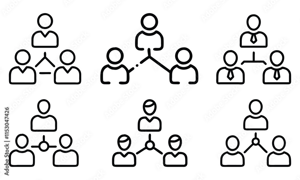 Poster minimal team structure vector icon set, six vector icons depicting simple team structures and connec