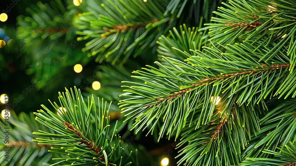 Aufkleber evergreen pine branches with festive lights and bokeh background