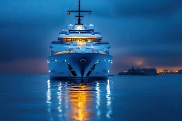 Luxury yacht illuminated at dusk on calm waters.