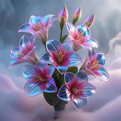 Fototapeta premium A beautiful spectrum of Alstroemerias flowers with delicate, translucent petals illuminated by soft light. Created with generative AI
