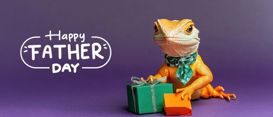 Obraz premium Happy Fathers Day Lizard with Gifts: Adorable Reptile Celebrates Dad