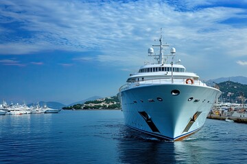 Naklejka premium Luxury yacht in a serene harbor under a blue sky.