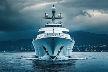 Luxury yacht navigating through calm waters under a cloudy sky.