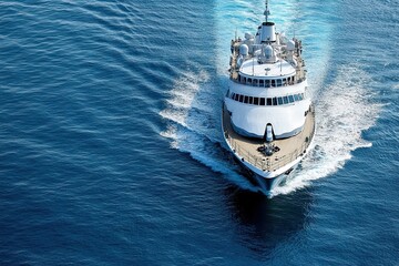 Luxury yacht navigating through calm blue waters.