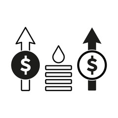 Money and arrows. Financial concept icon. Rising cost vector. Minimal dollar symbols.
