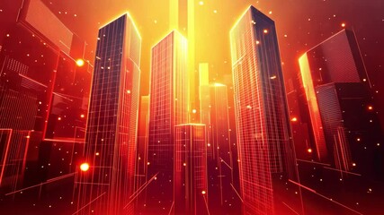 Red wireframe city with particles - Powered by Adobe