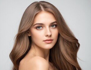 Fototapeta premium Portrait of a beautiful young woman with clean, fresh skin and long, thick hair. ai generator