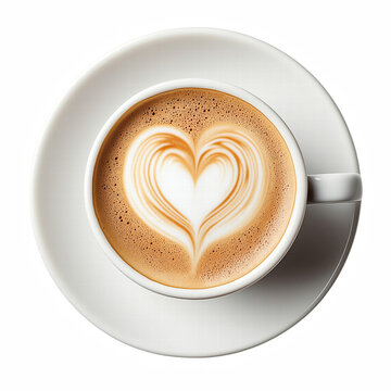Naklejki Top view latte art coffee with heart shape isolated on transparent background Generative Ai.