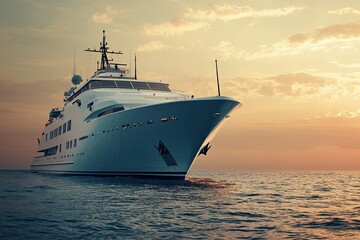 Obraz premium Luxury yacht sailing at sunset on calm waters.