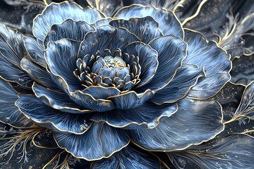 Fototapeta premium Intricate Blue Floral Design with Golden Accents and Detailed Petals