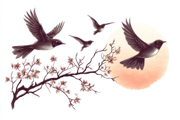 Obraz premium Two birds soaring over a blossoming branch.