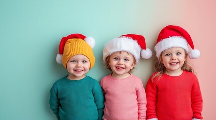 Fototapeta premium Happy Children in Santa Costumes on Pastel Background