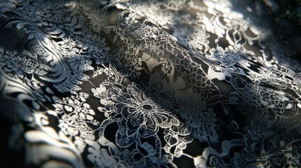 Intricate floral lace fabric texture with dramatic light and shadow.