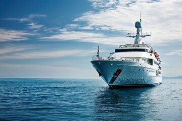 Luxury yacht sailing on calm blue waters under a clear sky.