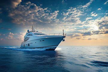 Luxury yacht sailing on calm waters at sunset.