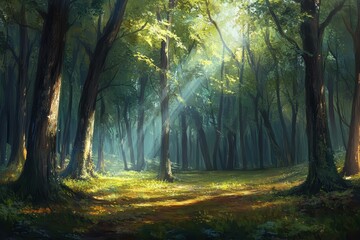 Obraz premium Sunbeams illuminate a lush, green forest path.