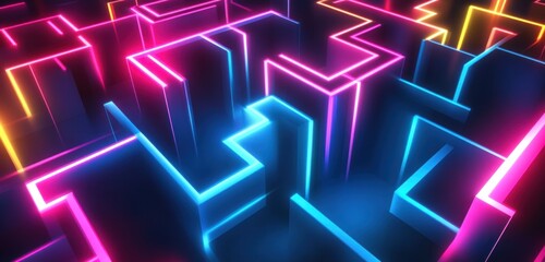 Abstract neon maze with glowing lines and vibrant colors.