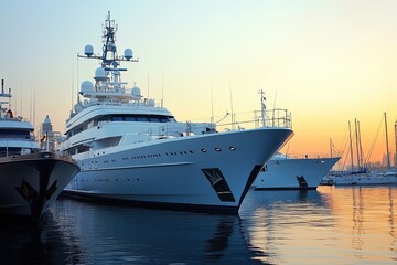 Luxury yachts docked at sunset in a marina.