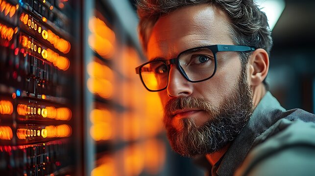 Focused male IT professional examining server rack.