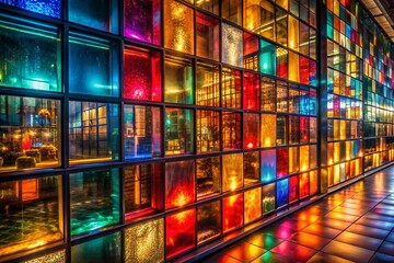 Colorful Glass Wall, Low Light, Abstract, Modern Architecture, Night Photography
