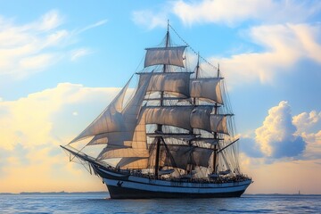 Fototapeta premium Majestic sailing ship against a scenic sky backdrop.