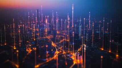Fototapeta premium Smart digital city with connection cyber security network reciprocity over the cityscape . future smart wireless digital city and social media networking systems that connects people within the city