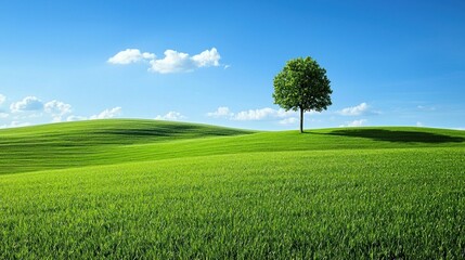 Lone Tree on Rolling Green Hills Under Blue Sky