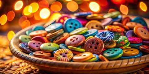 Obraz premium Colorful Handmade Clay Buttons on Ceramic Dish - Bokeh Background Stock Photo