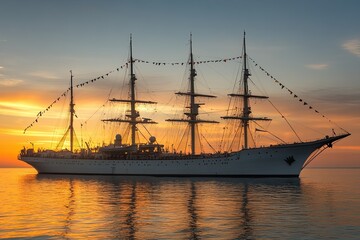 Majestic tall ship sailing at sunset on calm waters.