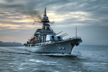 Obraz premium Military ship navigating through water at sunset.