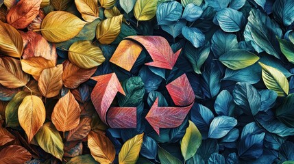 Recycle Symbol Amidst Autumnal And Teal Leaves
