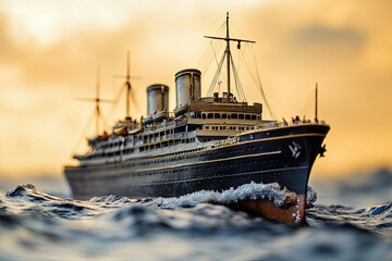 Fototapeta premium Model ship sailing through waves at sunset.