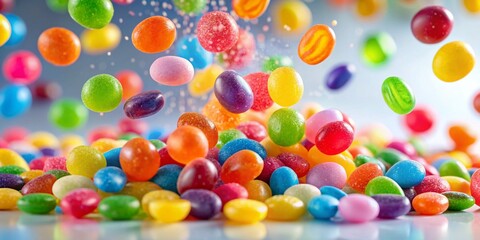 Fototapeta premium Colorful Jelly Candies Bouncing and Floating, Fun Sweet Treats Bokeh Background Stock Photo