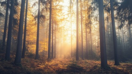 Obraz premium Sunlight beams through the trees in a misty forest